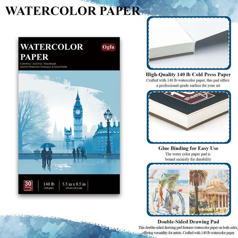 Ogfu Water Color Sketchbook 5.5 x 8.5, Small Water Color Paper Pad, 30 Sheets (60pages) Cold Pressed Watercolor Paper 140 lb, Watercolor Pads for Painting, Watercolor Supplies for Artists. - Image 4